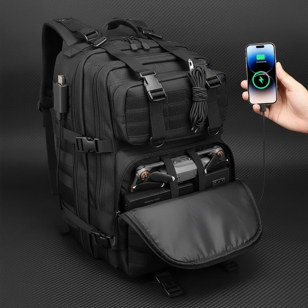 Black tactical backpack with MOLLE webbing USB charging port and multiple compartments - military-grade EDC pack