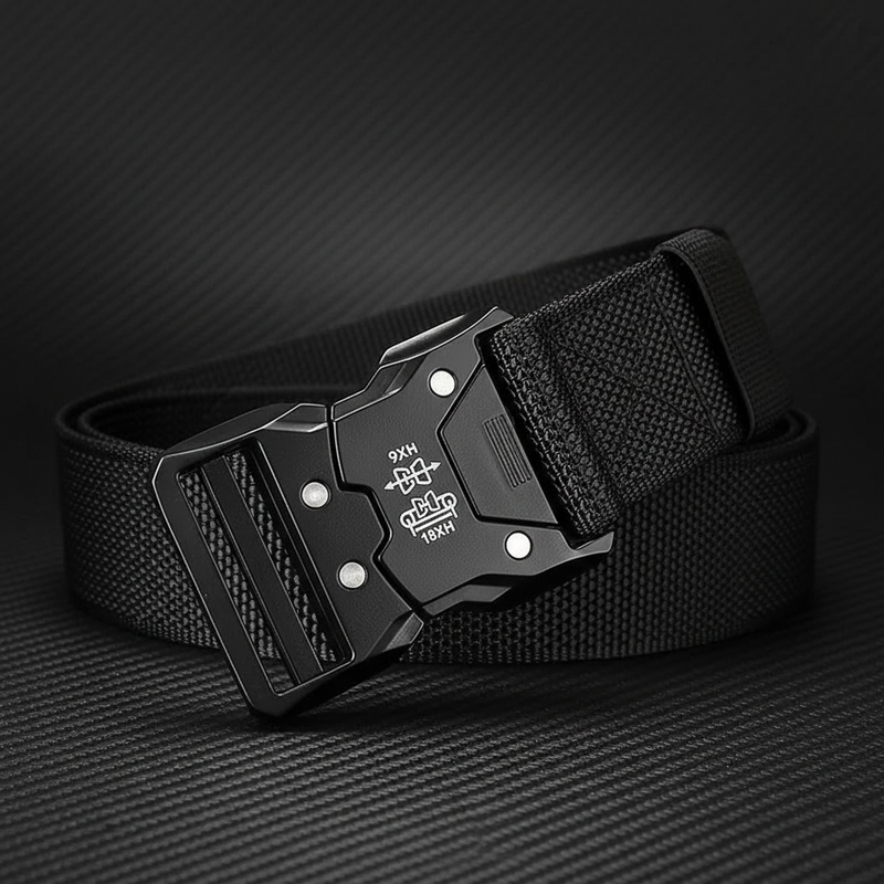 Black tactical belt with quick-release cobra buckle and heavy-duty nylon webbing - military-grade EDC belt
