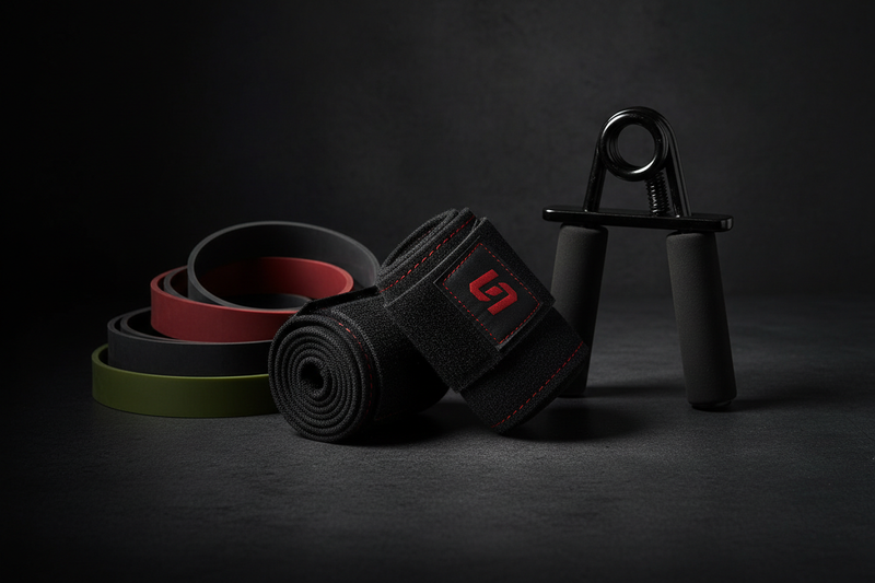Professional gym equipment photography on dark background. Heavy-duty wrist wraps, resistance bands, and grip strengthener arranged athletically. Dramatic lighting highlighting texture and durability. Dark moody aesthetic with subtle highlights on fabric and metal. Masculine, performance-focused composition. Commercial photography style, 4K quality.
