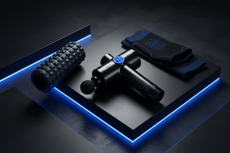 Professional product photography of recovery tools on dark background. Massage gun with LED display, foam roller, and compression sleeves arranged in clean composition. Dramatic lighting emphasizing high-tech features and premium materials. Dark moody aesthetic with blue LED accents. Modern wellness aesthetic. Commercial photography style, 4K quality.
